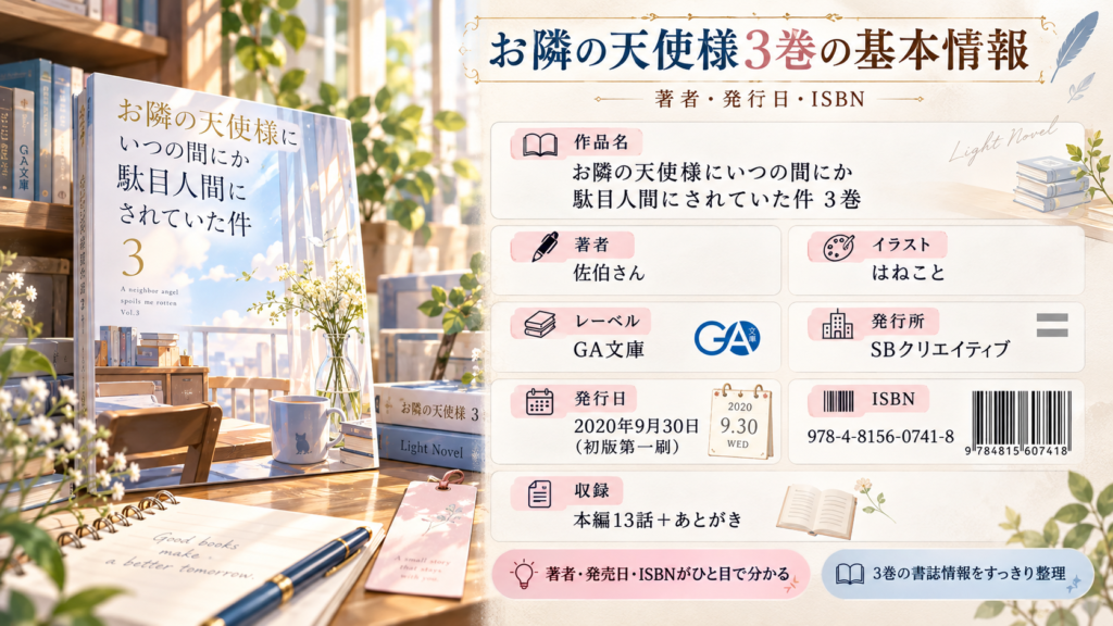 『お隣の天使様』3巻の書影と、著者・佐伯さん、イラスト・はねこと、発行日・2020年9月30日、ISBNなどの書誌情報を整理したインフォグラフィック。明るい窓辺の読書机を背景に配置。