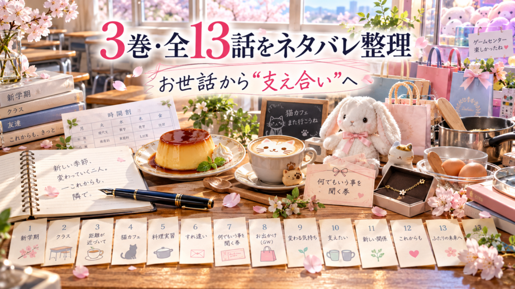『お隣の天使様』3巻の全13話をネタバレありで整理した画像。桜が咲く春の教室を背景に、プリンや猫のラテアート、ウサギのぬいぐるみ、料理道具などを配置し、各話のテーマを13枚のカードで紹介している。