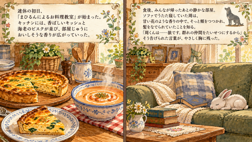 『お隣の天使様』3巻第8話の料理教室と昼寝の場面を描いた昔の絵本風イラスト。左側には焼きたてのキッシュと海老のビスク、右側には緑色のソファと眠る白いウサギを配置し、周が真昼に甘えた穏やかな時間を表現している。