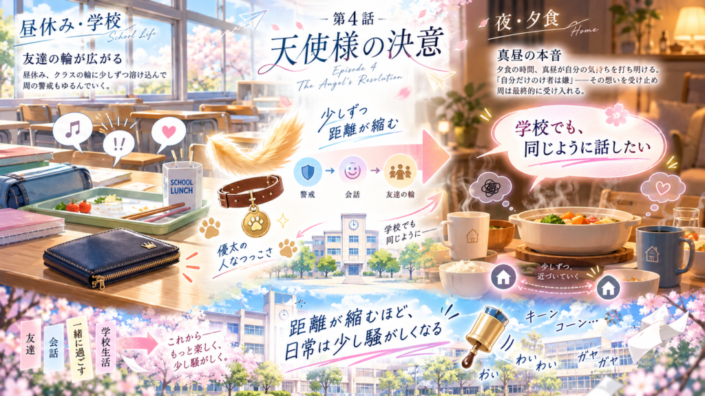 『お隣の天使様』3巻第4話「天使様の決意」を解説するインフォグラフィック。春の学校の昼休みと温かな自宅の夕食風景を左右に配置し、友達の輪が広がる周と、学校でも同じように話したい真昼の気持ちを表現している。