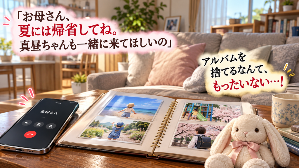 『お隣の天使様』3巻第12話の帰省と家族写真をテーマにした画像。温かな日差しが差し込むリビングのテーブルに、母との通話中のスマートフォン、幼い頃の写真を収めたアルバム、白いウサギのぬいぐるみが並んでいる。