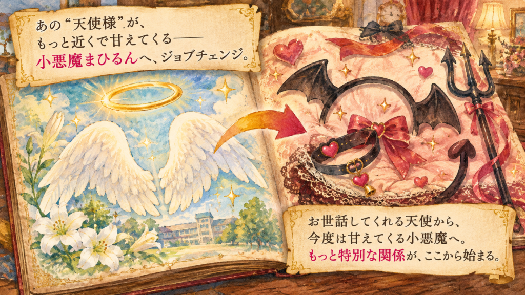 『お隣の天使様』3巻のあとがきに登場する「小悪魔まひるんへのジョブチェンジ」を表現した昔の絵本風イラスト。開かれた本の左側には白い天使の翼と光輪、右側には黒い悪魔の翼、ハート付きのしっぽ、リボン、三叉槍を描き、真昼の変化を対比している。