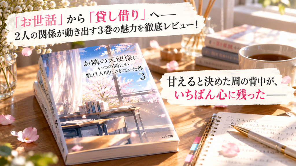 『お隣の天使様』3巻の読書感想と考察を紹介する画像。春の日差しが差し込む木製の机に原作小説第3巻、紅茶、ノート、万年筆、桜の花びらを配置。「お世話」から「貸し借り」へ変わる二人の関係と、甘えると決めた周の成長を表現している。