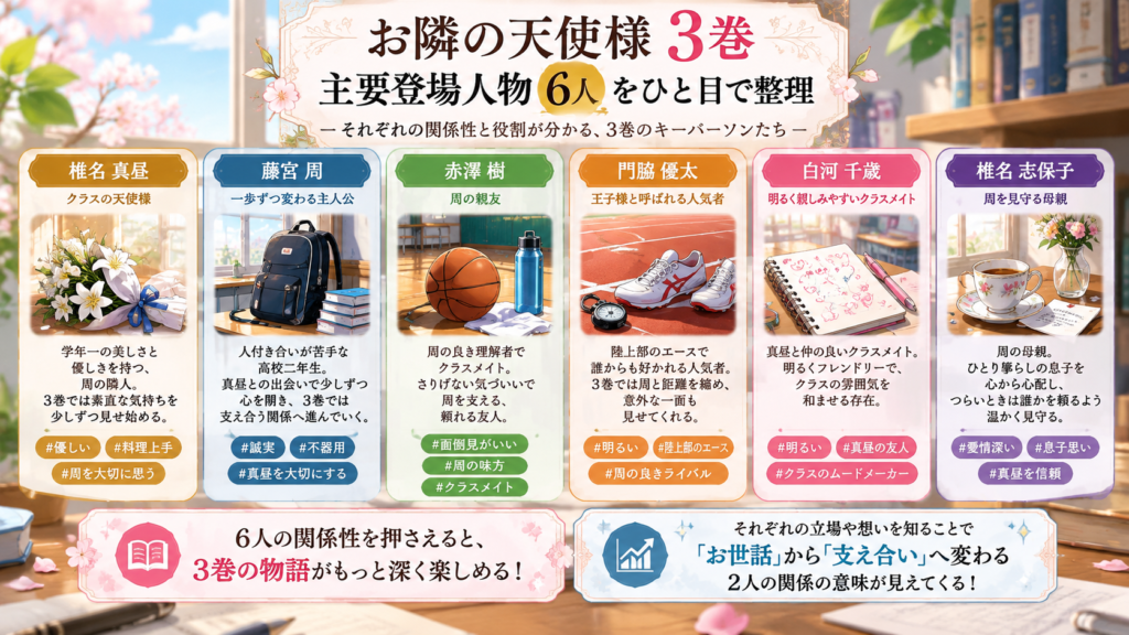 『お隣の天使様』3巻の主要登場人物6人を整理したインフォグラフィック。椎名真昼、藤宮周、赤澤樹、門脇優太、白河千歳、椎名志保子の名前と役割、関係性を、花束や通学鞄、バスケットボールなどの小物とともに紹介している。