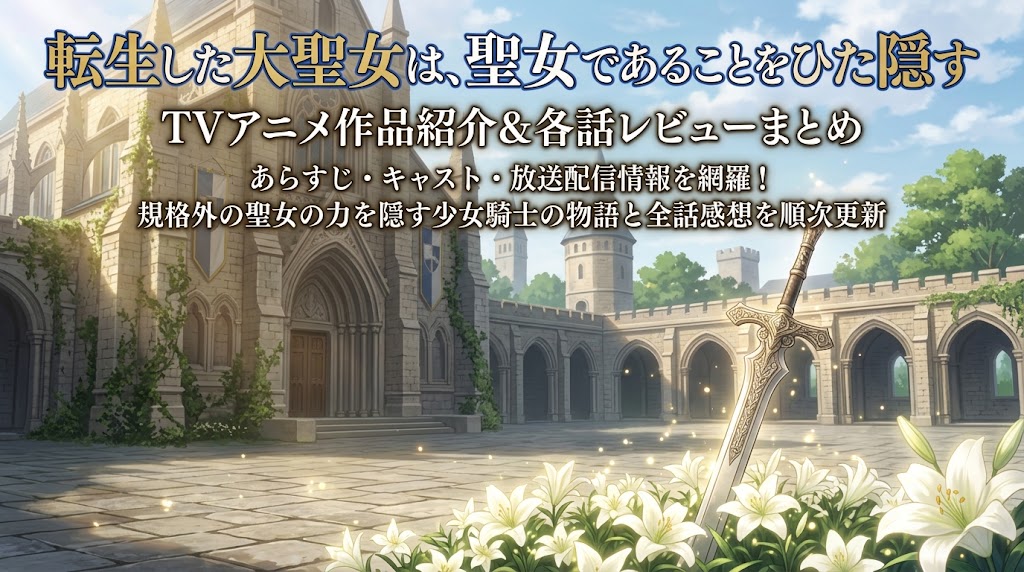 アニメ『転生した大聖女は、聖女であることをひた隠す』の作品紹介バナー。石造りの城と中庭を背景に、白いユリと装飾された剣を配置し、作品名や各話レビュー、あらすじ、放送配信情報を案内している。