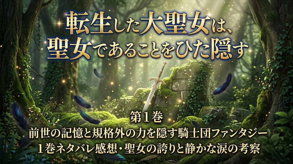 『転生した大聖女は、聖女であることをひた隠す』第1巻のレビュー画像。緑豊かな神秘的な森に一本の剣が立ち、金色の光と黒い羽根が舞う。前世の記憶、隠された聖女の力、騎士団ファンタジーを表現している。