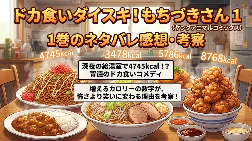 『ドカ食いダイスキ！もちづきさん』第1巻のネタバレ感想・考察を紹介するイラスト。カレーライス、焼きそば、ラーメン、唐揚げが食卓に並び、4745kcalなどの数字とドカ食いコメディの見どころが描かれている。