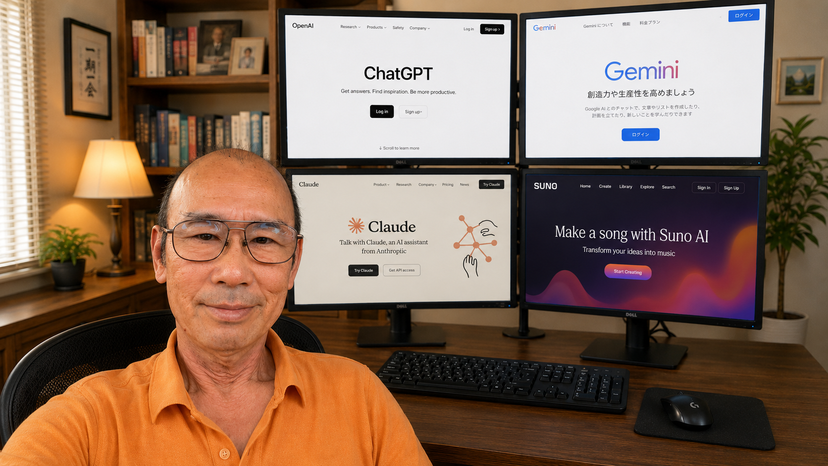 書斎のデスクに座るオレンジ色のシャツを着た眼鏡の男性。背後の4台のモニターにはChatGPT、Gemini、Claude、Suno AIの画面が表示され、複数のAIサービスを活用する作業環境が写っている。