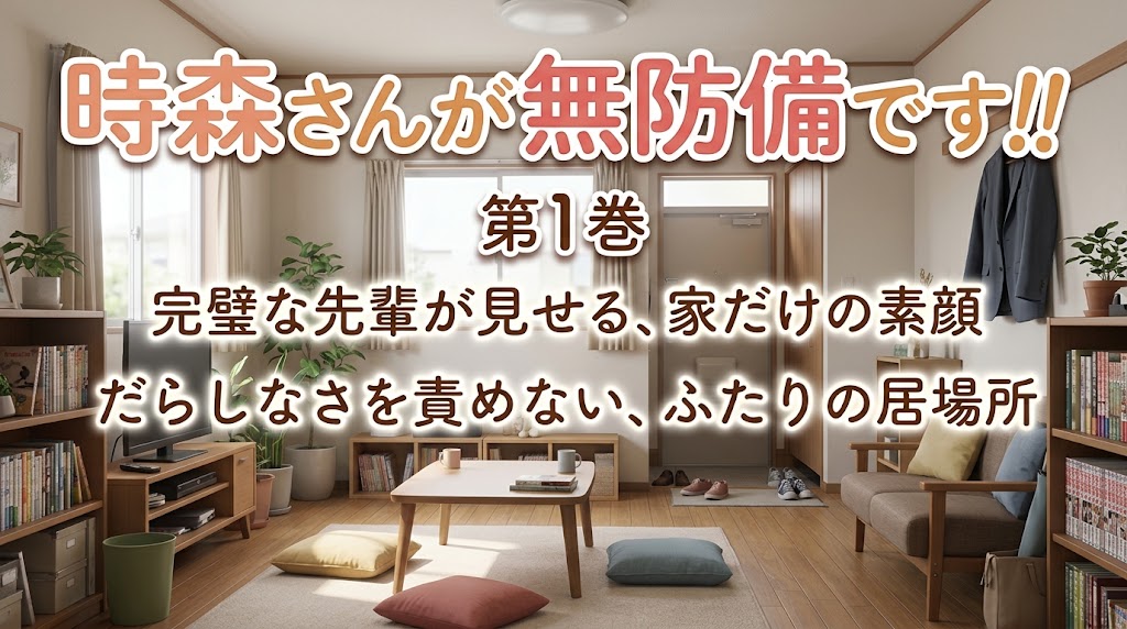 明るいリビングにローテーブルやクッション、本棚が並び、玄関には仕事用のジャケットや靴が置かれている。「時森さんが無防備です!! 第1巻」「完璧な先輩が見せる、家だけの素顔」「だらしなさを責めない、ふたりの居場所」の文字が重なる。